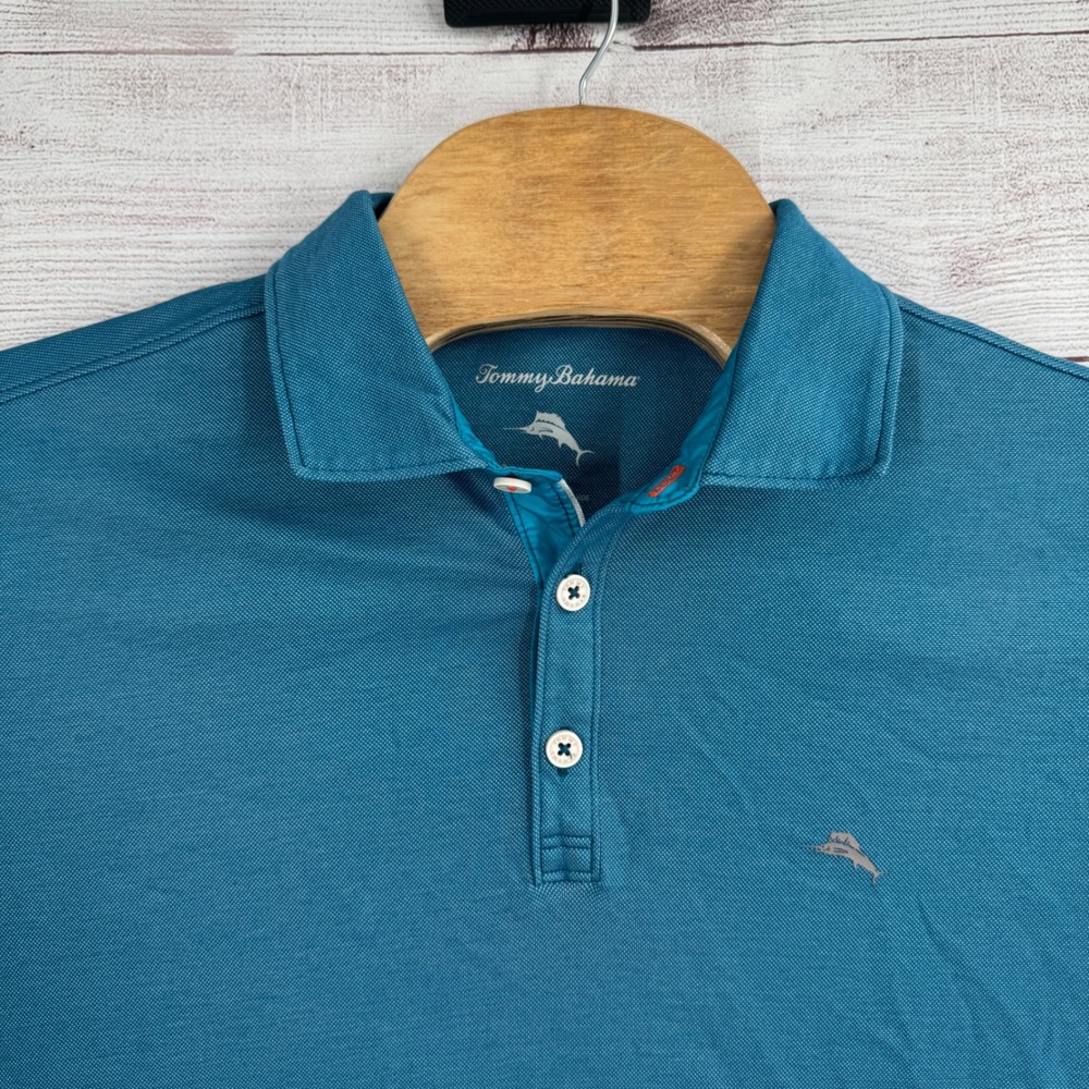 Tommy Bahama Polo Shirt Mens Size Large Blue Short Sleeve Stretch Golf Athletic
